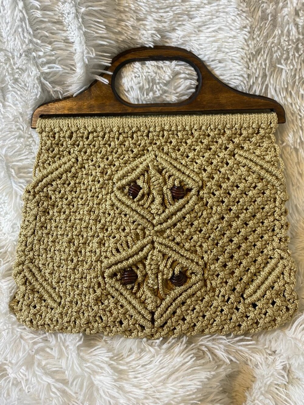 VINTAGE Macrame Purse Beige Wooden Beads Handle Handmade Lined Clutch BOHO
